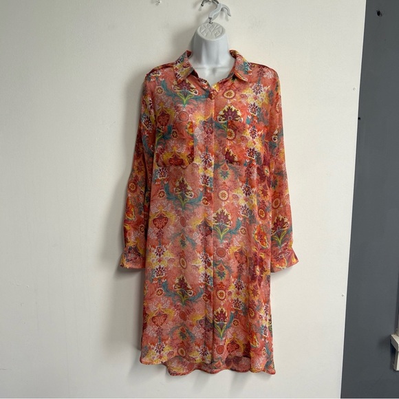 JESSICA LONDON Women’s 16W Long Tunic Colorful SHEER Roll Tab‎  Button Topper - Picture 2 of 15